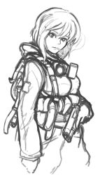 Rule 34 | 1girl, arceonn, backpack, bag, cigarette, crossover, ghost in the shell, ghost in the shell stand alone complex, greyscale, gun, handgun, kusanagi motoko, left-handed, load bearing vest, military operator, monochrome, pistol, short hair, sketch, solo, stalker (game), weapon