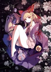 Rule 34 | 1girl, bare shoulders, barefoot, bow, brown eyes, caidychen, chain, commentary request, cube, floral print, flower, full body, gourd, hair bow, horn ornament, horn ribbon, horns, ibuki suika, japanese clothes, kimono, legs, light smile, long hair, looking at viewer, orange hair, pyramid (geometry), red bow, ribbon, smile, thighs, touhou, yukata