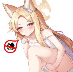 Rule 34 | 1girl, absurdres, animal ear fluff, animal ears, ass, blonde hair, blue archive, blush, camisole, closed mouth, collarbone, feet out of frame, fox ears, halo, highres, long hair, nonoka7221, seia (blue archive), simple background, solo, white background, white camisole, yellow eyes, yellow halo
