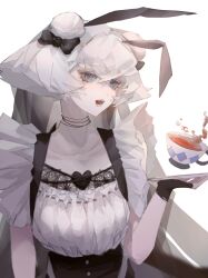 Rule 34 | 1girl, black tea, blue eyes, bob cut, cup, daleth (sky: children of the light), echo226855, fingerless gloves, gloves, grey hair, highres, inverted bob, lace, looking at viewer, maid, short sleeves, sky: children of the light, solo, tea, teacup, white background, white hair