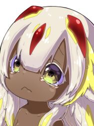 Rule 34 | 1girl, black skin, blonde hair, breasts, closed mouth, colored eyelashes, colored skin, crying, crying with eyes open, dark skin, faputa, frown, horns, long hair, made in abyss, multicolored hair, portrait, rkkmre, small breasts, solo, tears, twitter username, very dark skin, white hair