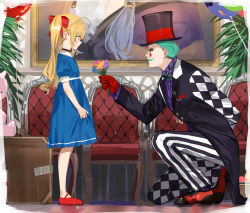 Rule 34 | 1boy, 1girl, aged down, ahoge, arm behind back, asymmetrical clothes, asymmetrical pants, balloon, black choker, blonde hair, blue dress, bow, briefcase, chair, checkered pants, choker, closed mouth, clown, commentary, dress, facial mark, flower, full body, gem (symbol), giving, gloves, green hair, green lips, hair bow, hat, highres, holding, holding flower, isshiki (ffmania7), joe rikiichi, kneeling, long coat, long hair, long sleeves, looking at another, makeup, nijisanji, pants, plant, red bow, red footwear, red gloves, rindou mikoto (cameo), smile, standing, striped clothes, striped pants, stuffed animal, stuffed toy, symbol-only commentary, takamiya rion, top hat, twintails, virtual youtuber
