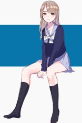 Rule 34 | 1girl, bad id, bad twitter id, black legwear, blue background, blue shirt, brown eyes, brown hair, copyright request, grey sailor collar, grey skirt, highres, long hair, long sleeves, looking at viewer, misumi (macaroni), multicolored background, no shoes, pleated skirt, sailor collar, school uniform, serafuku, shirt, sitting, skirt, solo, white background
