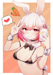 Rule 34 | 1girl, 5danny1206, absurdres, animal ears, arched back, arm strap, bare shoulders, bikini, black bikini, black choker, bow, bowtie, breasts, carrot, cellphone, choker, detached collar, hands up, heart, highres, holding, holding phone, looking at viewer, micro bikini, navel, notice lines, original, phone, pink hair, rabbit ears, rabbit girl, rabbit tail, red eyes, short hair, small breasts, smartphone, smile, solo, spoken heart, stomach, string bikini, swimsuit, tail, two-tone background, upper body, v, wrist cuffs
