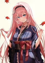 Rule 34 | 1girl, absurdres, autumn leaves, bird girl, blue eyes, blush, bow, breasts, brooch, commentary request, cowboy shot, earrings, hair between eyes, head wings, highres, holding, holding hair, hololive, japanese clothes, jewelry, kimono, large breasts, long hair, looking at viewer, obi, pink hair, red bow, ribbon-trimmed sleeves, ribbon trim, sash, sidelocks, smile, solo, takane lui, takane lui (new year), towrituka, very long hair, virtual youtuber, white background, wide sleeves, wings, yukata