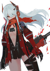 Rule 34 | 1girl, absurdres, breasts, cleavage, dog tags, hair over one eye, heterochromia, highres, jack (darkshero), jacket, katana, long hair, long sleeves, looking at viewer, lucia: crimson abyss (punishing: gray raven), mechanical arms, punishing: gray raven, red eyes, red jacket, red scarf, scarf, sheath, sheathed, simple background, solo, sword, weapon, white background, white eyes, white hair