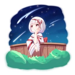 Rule 34 | 1girl, :o, bow, bush, chihong de tianshi, commentary request, copyright request, falling star, fence, hair bow, hand up, highres, japanese clothes, kimono, long sleeves, looking away, miko, night, night sky, outdoors, parted lips, red bow, red eyes, ribbon-trimmed sleeves, ribbon trim, short sleeves, sky, sleeves past wrists, solo, star (sky), starry sky, upper body, virtual youtuber, white hair, white kimono, wide sleeves, wooden fence