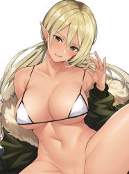 Rule 34 | 1girl, anza tomo, bare shoulders, bikini, bikini top only, blonde hair, breasts, brown eyes, cleavage, collarbone, commentary request, elf, fur collar, hair between eyes, halterneck, highres, jacket, large breasts, long hair, navel, off shoulder, ok sign, original, pointy ears, solo, spread legs, stomach, strap pull, swimsuit, thighs, twintails, underboob