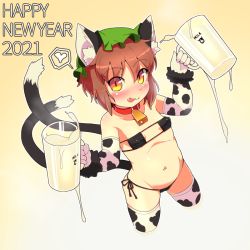Rule 34 | 1girl, animal ears, animal print, bell, neck bell, bikini, black bikini, blush, breasts, brown eyes, brown hair, cameltoe, cat ears, cat tail, chen, chinese zodiac, collar, cow print, covered erect nipples, groin, happy new year, looking at viewer, micro bikini, multiple tails, navel, new year, small breasts, solo, swimsuit, tail, thighhighs, tongue, tongue out, torque, touhou, year of the ox