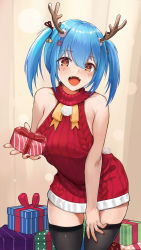 Rule 34 | 1girl, :d, antlers, bell, black thighhighs, blue eyes, blue hair, box, breasts, brown eyes, commentary, fangs, gift, gift box, hair between eyes, hair ornament, heart-shaped box, highres, holding, holding gift, horns, indoors, jingle bell, large breasts, leaning forward, meme attire, nail polish, open mouth, red nails, red sweater, sideboob, smile, solo, standing, sweater, tail, thighhighs, twintails, virgin killer sweater, wuguno ziran juan, x hair ornament