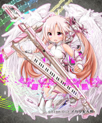 Rule 34 | 1girl, akino coto, bad id, bad pixiv id, bare shoulders, blush, dress, full body, highres, instrument, keyboard (instrument), keytar, long hair, machinery, mecha shoujo taisen z, microphone, microphone stand, open mouth, sleeveless, sleeveless dress, smile, solo, twintails, white dress