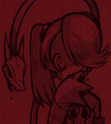 Rule 34 | 1girl, bad id, bad pixiv id, bare shoulders, detached sleeves, gias-ex-machella, hair over one eye, leviathan (skullgirls), monochrome, parasite, red theme, side ponytail, skullgirls, sleeves past wrists, smile, squigly (skullgirls), stitched mouth, stitches, tears, twintails, zombie
