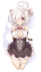 Rule 34 | 1girl, ahoge, arms behind back, artist name, azur lane, breasts, cleavage, cleavage cutout, clothing cutout, commentary request, corset, cropped legs, cross-laced clothes, frill trim, frills, goekawa, hair over one eye, large breasts, looking at viewer, no bra, screw, shirt, short hair, simple background, sketch, skirt, sleeveless, sleeveless shirt, solo, stitches, terror (azur lane), underbust, white background, white hair