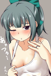 Rule 34 | 10s, 1girl, bare arms, bare shoulders, black hair, blush, bow, breasts, chemise, cleavage, collar tug, collarbone, downblouse, fanning face, fanning self, hair bow, highres, hot, jewelry, kantai collection, looking at viewer, nishi koutarou, no bra, one eye closed, ponytail, purple eyes, ring, simple background, small breasts, solo, sweat, upper body, wedding band, yuubari (kancolle)