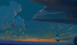 Rule 34 | 1girl, aircraft, airplane, bangqiao yan, black hair, cloud, cloudy sky, facing away, feet out of frame, from behind, highres, original, paper airplane, shirt, short hair, short sleeves, sky, socks, solo, star (sky), starry sky, twilight, white shirt, white socks, wide shot