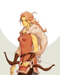 Rule 34 | 1girl, arrow (projectile), blonde hair, bow (weapon), braid, fur trim, h&#039;aanit (octopath traveler), holding, holding bow (weapon), holding weapon, long hair, mella, octopath traveler, octopath traveler i, simple background, solo, weapon