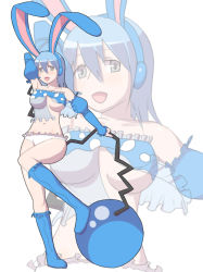 Rule 34 | 1girl, animal ears, arm behind head, azumarill, ball, blue footwear, blue hair, blush, boots, breasts, collarbone, creatures (company), detached sleeves, earmuffs, fake animal ears, furuaki, game freak, gen 2 pokemon, grey eyes, large breasts, lingerie, long hair, long sleeves, looking at viewer, navel, negligee, nintendo, open mouth, panties, personification, pokemon, pokemon gsc, polka dot, rabbit ears, rabbit girl, smile, tail, tail grab, underwear, white background, white panties