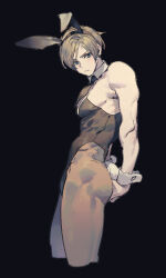 Rule 34 | 1boy, animal ear hairband, animal ears, ass, black background, blonde hair, blue eyes, blush, brown pantyhose, closed mouth, fake animal ears, from side, highres, large pectorals, leon s. kennedy, leotard, looking to the side, male focus, male playboy bunny, muscular, muscular male, pantyhose, pectorals, playboy bunny, qkdldhrp, rabbit ear hairband, rabbit ears, rabbit tail, resident evil, short hair, solo, tail, toned, toned male