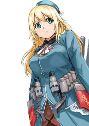Rule 34 | 10s, 1girl, atago (kancolle), blonde hair, blue hat, blush, breasts, green eyes, hat, kantai collection, large breasts, long hair, looking at viewer, military, military uniform, pantyhose, personification, shibasaki shouji, simple background, smile, solo, uniform