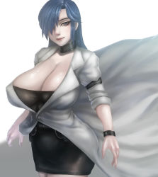 Rule 34 | 1girl, blue eyes, blue hair, breasts, choker, female focus, gigantic breasts, grin, hair over one eye, highres, himoo yuina, lips, long hair, looking at viewer, matching hair/eyes, okai, sagging breasts, simple background, skirt, smile, solo, thick thighs, thighs, tokimeki memorial, tokimeki memorial 1, white background