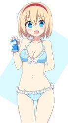 Rule 34 | 1girl, :d, alice margatroid, arm behind back, bare arms, bare shoulders, bikini, blonde hair, blue bikini, blue eyes, blush, bow, breasts, can, commentary request, cowboy shot, enushi (toho193), frilled bikini, frills, groin, hair between eyes, hairband, halterneck, hand up, highres, holding, looking at viewer, medium breasts, navel, open mouth, polka dot, polka dot bikini, red hairband, short hair, simple background, smile, solo, standing, stomach, swimsuit, thighs, touhou, white background, white bow