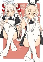 Rule 34 | 2023, 2girls, alternate costume, amatsukaze (kancolle), apron, black dress, blonde hair, border, brown eyes, commentary request, crossed legs, dress, elbow gloves, enmaided, frilled apron, frills, gloves, hair tubes, highres, kantai collection, long hair, maid, maid apron, maid headdress, mochizou, multiple girls, orange eyes, shimakaze (kancolle), sleeveless, sleeveless dress, thighhighs, twitter username, two side up, v, white apron, white border, white gloves, white thighhighs, wrist cuffs