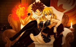 Rule 34 | 1boy, 1girl, blonde hair, candle, chair, fairy tail, fire, highres, key, looking at viewer, lucy heartfilia, magic, natsu dragneel, pink hair, sitting, smile, twintails