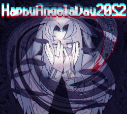 Rule 34 | 1girl, 2022, absurdres, angela (project moon), black feathers, blood, blue hair, coat, covering own mouth, drawn smile, feathers, hands up, highres, lab coat, library of ruina, lobotomy corporation, long hair, madotsuki ren, parted bangs, project moon, sidelocks, solo, very long hair, white coat, yellow eyes