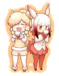 Rule 34 | 10s, 2girls, :d, ^ ^, alpaca ears, alpaca suri (kemono friends), alpaca tail, animal ears, beige boots, beige shorts, beige vest, bird tail, bird wings, black footwear, blonde hair, blunt bangs, blush, boots, buttons, chibi, closed eyes, collar, cup, drinking, expressionless, eyelashes, footwear ribbon, frilled sleeves, frills, full body, fur-trimmed boots, fur-trimmed sleeves, fur collar, fur trim, gloves, gradient hair, gradient ribbon, hair bun, hair ornament, hair over one eye, hair ribbon, head wings, hitec, holding, holding cup, japanese crested ibis (kemono friends), japari symbol, jitome, kemono friends, long sleeves, mary janes, multicolored background, multicolored hair, multiple girls, neck ribbon, no nose, open mouth, orange background, pantyhose, pleated skirt, red gloves, red hair, red legwear, red ribbon, red skirt, ribbon, shirt, shoes, short hair, short hair with long locks, sidelocks, simple background, single hair bun, skirt, smile, standing, swept bangs, tail, teacup, tress ribbon, two-tone background, two-tone hair, vest, white background, white hair, white legwear, white ribbon, white shirt, wide sleeves, wings, yellow eyes, yellow ribbon, |d