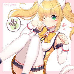 Rule 34 | 1girl, ;3, animal ears, animen, bare shoulders, blonde hair, blush, bow, closed mouth, commentary request, detached sleeves, eco (animen), frilled sleeves, frilled thighhighs, frills, green eyes, hair between eyes, hands up, headgear, heart, hitsuki rei, long hair, long sleeves, one eye closed, orange bow, orange skirt, plaid, plaid skirt, pleated skirt, shirt, skirt, sleeveless, sleeveless shirt, solo, thighhighs, translation request, twintails, white shirt, white thighhighs