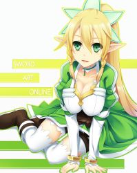 Rule 34 | 10s, 1girl, blonde hair, blush, breasts, cleavage, collarbone, elf, green eyes, highres, leafa, long hair, outline, pointy ears, ponytail, sitting, smile, solo, sorano (12gou), sword art online, thighhighs, white thighhighs