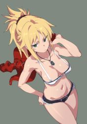 Rule 34 | 1girl, alternate breast size, armpits, bikini, bikini shorts, bikini top only, blonde hair, braid, breasts, cleavage, cowboy shot, fate/grand order, fate (series), french braid, green eyes, grey background, hand on own hip, highres, jacket, jacket over shoulder, unworn jacket, jewelry, large breasts, looking at viewer, medium breasts, micro shorts, mordred (fate), mordred (fate/apocrypha), mordred (memories at trifas) (fate), navel, necklace, ponytail, revealing clothes, scrunchie, short shorts, shorts, simple background, solo, standing, swimsuit, try (lsc), unfinished