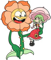 Rule 34 | 1boy, 1girl, :d, ascot, blush stickers, cagney carnation, chromatic aberration, collared shirt, crossover, cuphead (game), flower, happy, highres, kazami yuuka, mary janes, open mouth, parody, plant monster, shirt, shoes, skirt, smile, style parody, sunflower, touhou, umbrella, vest, yatsunote
