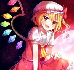 Rule 34 | 1girl, anp (mg drop), ascot, blonde hair, blood, blood on face, blush, bow, fang, flandre scarlet, hat, hat bow, open mouth, red eyes, short hair, side ponytail, single wing, skirt, skirt set, solo, touhou, wings