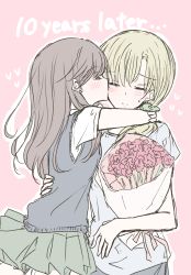 Rule 34 | 1 x 1/2, 2girls, blonde hair, blush, bouquet, brown hair, commentary request, english text, closed eyes, flower, green skirt, highres, holding, holding bouquet, hug, incest, kiss, long hair, morii asuka, morii ayako, mother&#039;s day, mother and daughter, multiple girls, nakamura taiyaki, official art, pink background, rose, school uniform, shirt, simple background, skirt, standing, sweater vest, white shirt, yuri