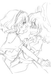 Rule 34 | 2girls, alice margatroid, blush, eye contact, female focus, kirisame marisa, looking at another, make2961, mielang, monochrome, multiple girls, profile, scared, sketch, touhou, wavy mouth