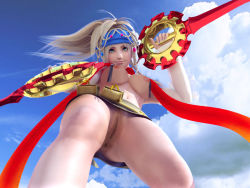 Rule 34 | 00s, 1girl, 3d, anus, blonde hair, blue eyes, braid, breasts, cloud, day, detached sleeves, final fantasy, final fantasy x, final fantasy x-2, from below, green eyes, incise soul, long hair, m-rs, medium breasts, nipples, no panties, nude filter, outdoors, pubic stubble, pussy, ribbon, rikku (ff10), scarf, skirt, sky, smile, solo, third-party edit, topless, uncensored, underboob, upskirt, weapon