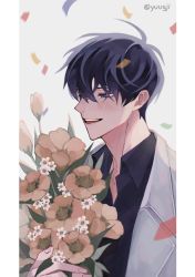 Rule 34 | 1boy, black hair, black shirt, blush, collared shirt, commentary, confetti, english commentary, flower, grey background, highres, holding, holding flower, jacket, kim dokja, male focus, omniscient reader&#039;s viewpoint, open clothes, open jacket, open mouth, pillarboxed, purple eyes, shirt, short hair, simple background, smile, solo, upper body, white jacket, yellow flower, yuugji
