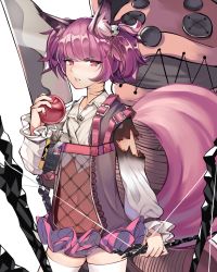 Rule 34 | 1girl, animal ear fluff, animal ears, apple, arknights, breasts, chinese commentary, collared shirt, cowboy shot, cropped shirt, doc.chen, food, fox ears, fox tail, frilled skirt, frills, fruit, hair ornament, jacket, knife, lips, long sleeves, looking at viewer, midriff, miniskirt, nail polish, navel, originium arts (arknights), oversized object, parted lips, pink nails, purple eyes, purple hair, purple jacket, see-through, shamare (arknights), shirt, short hair, simple background, skirt, small breasts, solo, stuffed toy, tail, thighhighs, thighs, torn clothes, torn sleeves, twintails, white background, white shirt, white thighhighs, zettai ryouiki