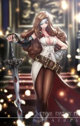 Rule 34 | 1girl, armor, beatrix, belt, black pantyhose, blurry, blurry background, boots, breasts, brown eyes, brown hair, character name, cleavage, closed mouth, commentary request, copyright name, dress, drill hair, eyepatch, final fantasy, final fantasy ix, fingernails, gauntlets, gloves, greaves, hand on own hip, hand on sword, highres, ikeda (hayato), large breasts, light frown, long hair, looking at viewer, pantyhose, save the queen, shirt, sleeveless, sleeveless shirt, solo, standing, sword, weapon, white dress