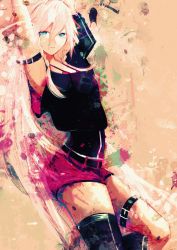 Rule 34 | 1girl, absurdres, armband, arms up, black shirt, black thighhighs, blue eyes, cowboy shot, expressionless, highres, ia (vocaloid), long hair, looking at viewer, parted lips, pink hair, pink shorts, shirt, shorts, single thighhigh, solo, thigh strap, thighhighs, unf (unotfound 404), very long hair, vocaloid