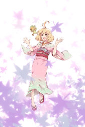 Rule 34 | 1girl, ahoge, ao no exorcist, arms up, bad id, bad pixiv id, blonde hair, green eyes, highres, japanese clothes, kimono, leaf, moriyama shiemi, natsukichi, nii (ao no exorcist), open mouth, sandals, short hair, smile, solo, tabi, throwing, tossing