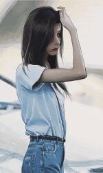 Rule 34 | 1girl, absurdres, adjusting hair, belt, black eyes, black hair, blue pants, brown belt, denim, expressionless, from side, highres, jeans, jiangkang meizi, long hair, looking to the side, pants, real life, realistic, red lips, sana (twice), shirt, shirt tucked in, solo, t-shirt, twice (group), white shirt