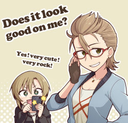 Rule 34 | 2girls, black jacket, blue jacket, brown background, brown hair, camera flash, cellphone, commentary request, earrings, english text, engrish text, fingerless gloves, glasses, gloves, green eyes, hair between eyes, heart, heart-shaped pupils, heebee, holding, holding phone, idolmaster, idolmaster cinderella girls, jacket, jewelry, kimura natsuki, looking at another, looking at viewer, multiple girls, necklace, open mouth, phone, polka dot, polka dot background, quiff, ranguage, red-framed eyewear, short hair, simple background, smartphone, smile, stud earrings, symbol-shaped pupils, tada riina, taking picture