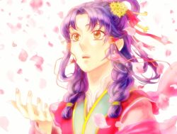 Rule 34 | 1girl, brown eyes, chinese clothes, hair ornament, hair ribbon, hair rings, hair stick, kou shuurei, nike (1214jasmine), open mouth, parted bangs, petals, purple hair, red ribbon, ribbon, saiunkoku monogatari, sidelocks, solo, upper body, white background