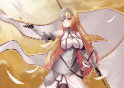Rule 34 | 1girl, absurdres, armor, bad id, bad pixiv id, bird, blonde hair, blue eyes, blush, breasts, closed mouth, fate/grand order, fate (series), flag, headpiece, highres, holding, holding flag, jeanne d&#039;arc (fate), jeanne d&#039;arc (ruler) (fate), jeanne d&#039;arc (third ascension) (fate), large breasts, long hair, looking away, rabi (17865662561), smile, solo, sword, weapon