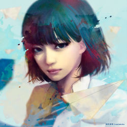 Rule 34 | 1girl, artist name, blunt bangs, blurry, blurry background, bob cut, brown eyes, closed mouth, collared shirt, expressionless, lips, looking at viewer, original, paper airplane, pink lips, portrait, realistic, scan, shirt, short hair, solo, upper body, wataboku, white shirt, wing collar