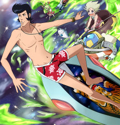 Rule 34 | 10s, 1boy, 1girl, :d, afterimage, bad id, bad pixiv id, bare legs, bare shoulders, barefoot, black hair, blonde hair, blue eyes, blush, bracelet, brown eyes, collarbone, dandy (space dandy), dress, erssime, fish, fishing rod, floral print, full body, gudon (iukhzl), hibiscus print, jewelry, lifebuoy, liquid, looking to the side, male swimwear, meow (space dandy), navel, necklace, open mouth, outstretched arm, parted lips, pointy ears, print male swimwear, print swim trunks, print swimsuit, qt (space dandy), red dress, red male swimwear, red swim trunks, short hair, sleeveless, sleeveless dress, smile, space, space dandy, stomach, surfboard, surfing, swim ring, swim trunks, swimsuit, tareme, upside-down