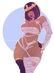 Rule 34 | 1girl, artist name, blue eyes, breasts, cleavage, curvy, dark skin, dark-skinned female, female focus, highres, hip focus, kokobuttz, large breasts, lips, looking at viewer, menat, nail polish, navel, parted lips, purple hair, solo, standing, stomach, street fighter, thick thighs, thighs, wide hips