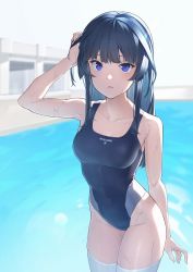 Rule 34 | 1girl, agatsuma kaede, alice gear aegis, arm up, armpit crease, armpits, blue hair, blue one-piece swimsuit, blunt bangs, blurry, blurry background, blush, breasts, collarbone, commentary request, competition swimsuit, covered navel, cowboy shot, eyelashes, hand on own head, highleg, highleg swimsuit, highres, karappo (keith8387), long hair, medium breasts, nail polish, one-piece swimsuit, parted lips, pink nails, pool, purple eyes, shiny clothes, shiny skin, sidelocks, solo, standing, swimsuit, teeth, thighhighs, thighs, wet, white thighhighs